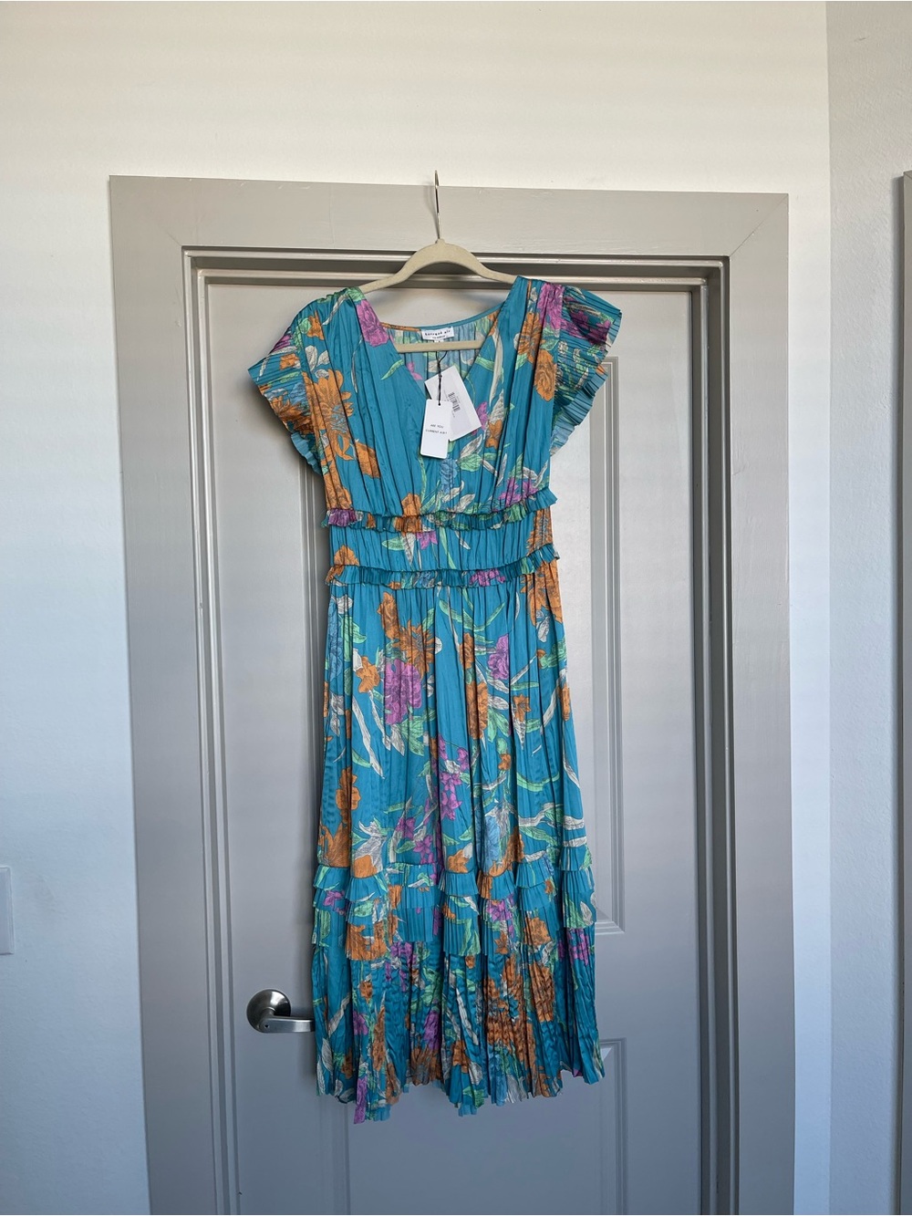 Current Air Teal Floral Midi Dress with Flutter Sleeves